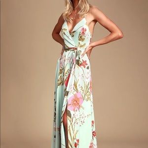 Lulus Still the One Sage Green Floral Print Satin Maxi Dress Sz MD